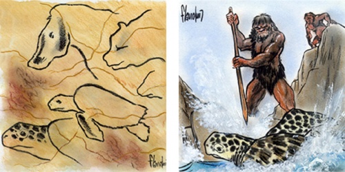 Ilustração homens das carvernas e tartarugas